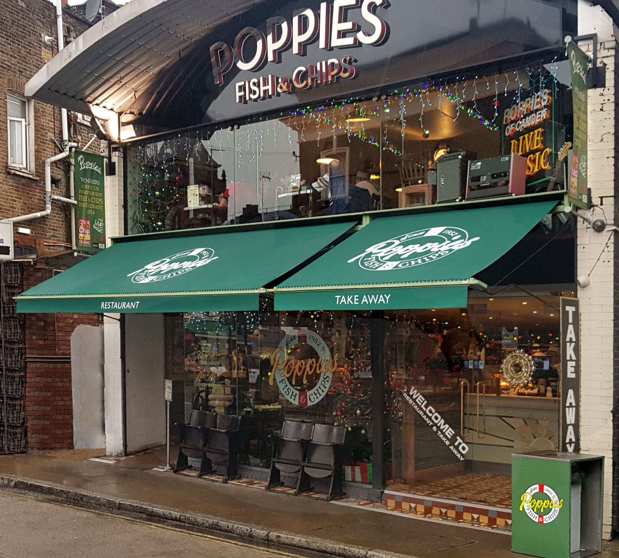 These two excellent  Victorian awnings, installed at Poppies Fish and Chips in Camden were particularly challenging for us due to the expanse of glass on this frontage we and the lack of obvious fixings. However using imagination and a combination of fixing brackets the task was successfully achieved as can be seen on the images alongside.  The soil and UV resistant fabric selected was a forest green colour and the complex logo and graphics was picked out in a contrasting colour using our bespoke RAGS® bran
