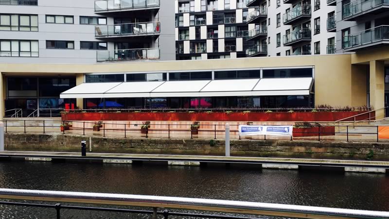 Commercial retractable awnings for Leeds Dock 1