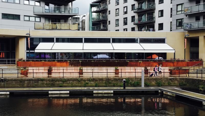 Commercial retractable awnings for Leeds Dock 2
